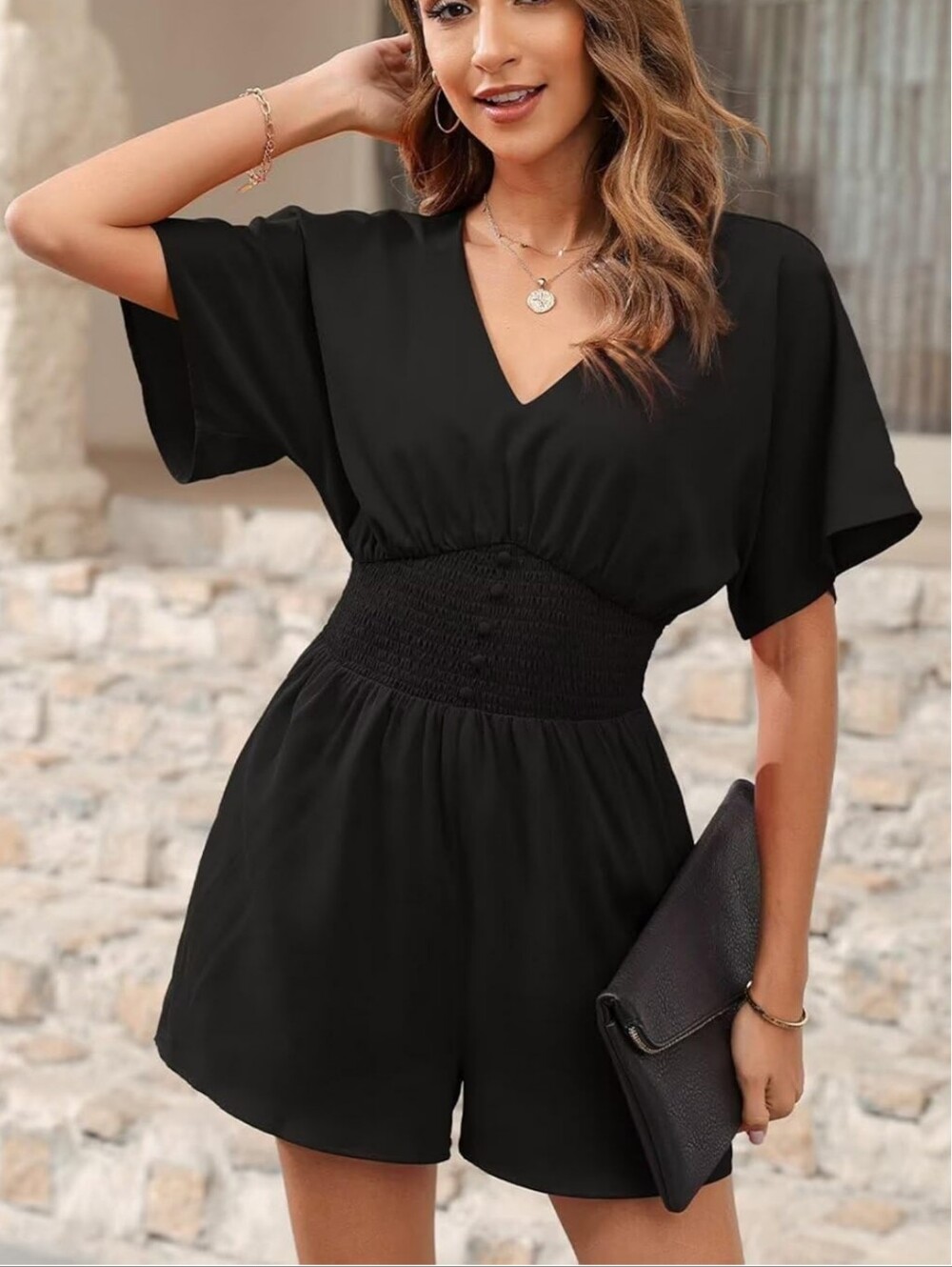 Dokotoo Black V-Neck Smocked Waist Romper